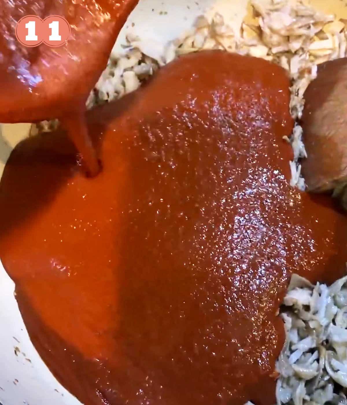 sauce poured on mushrooms in pot