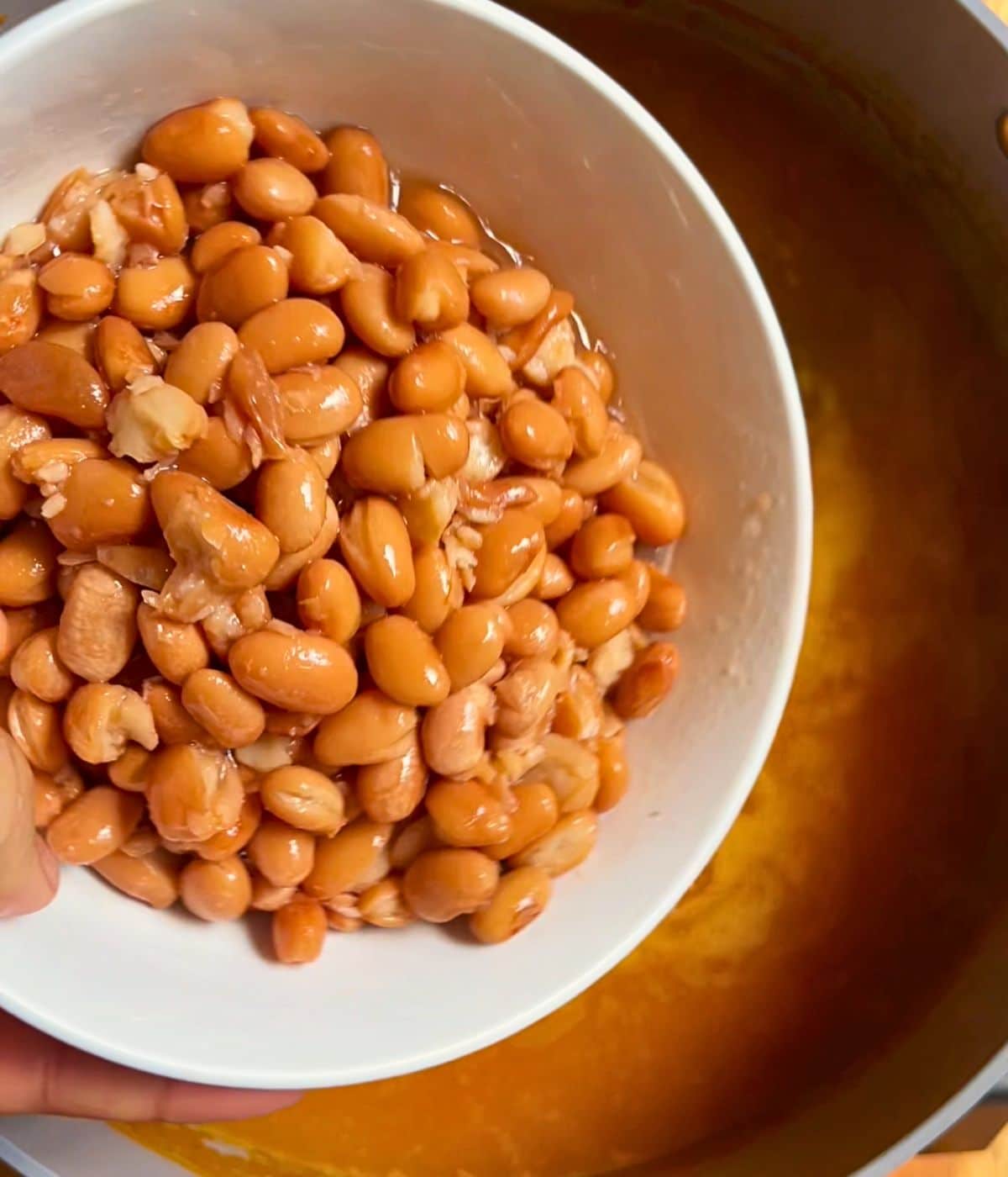 Beans added to the pot with the fideo soup.