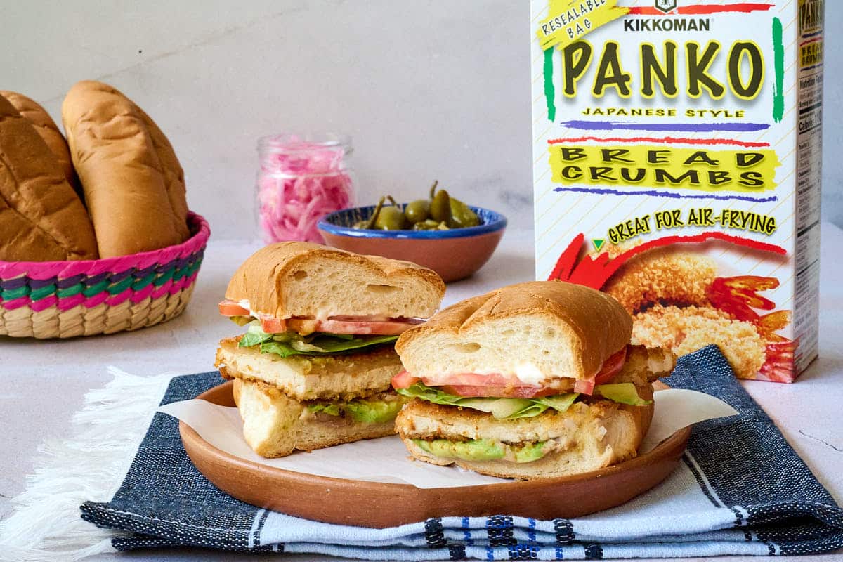 Mexican tofu sandwich with a box of Panko breadcrumbs.